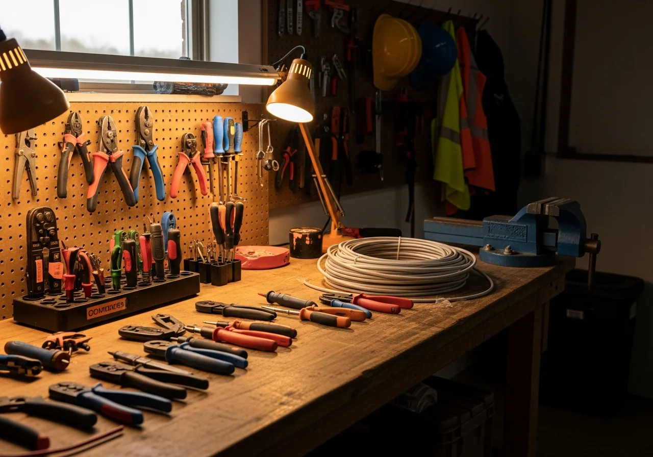 Electrician tools and equipment on a workbench, representing professional residential electrical service and safety-focused craftsmanship.