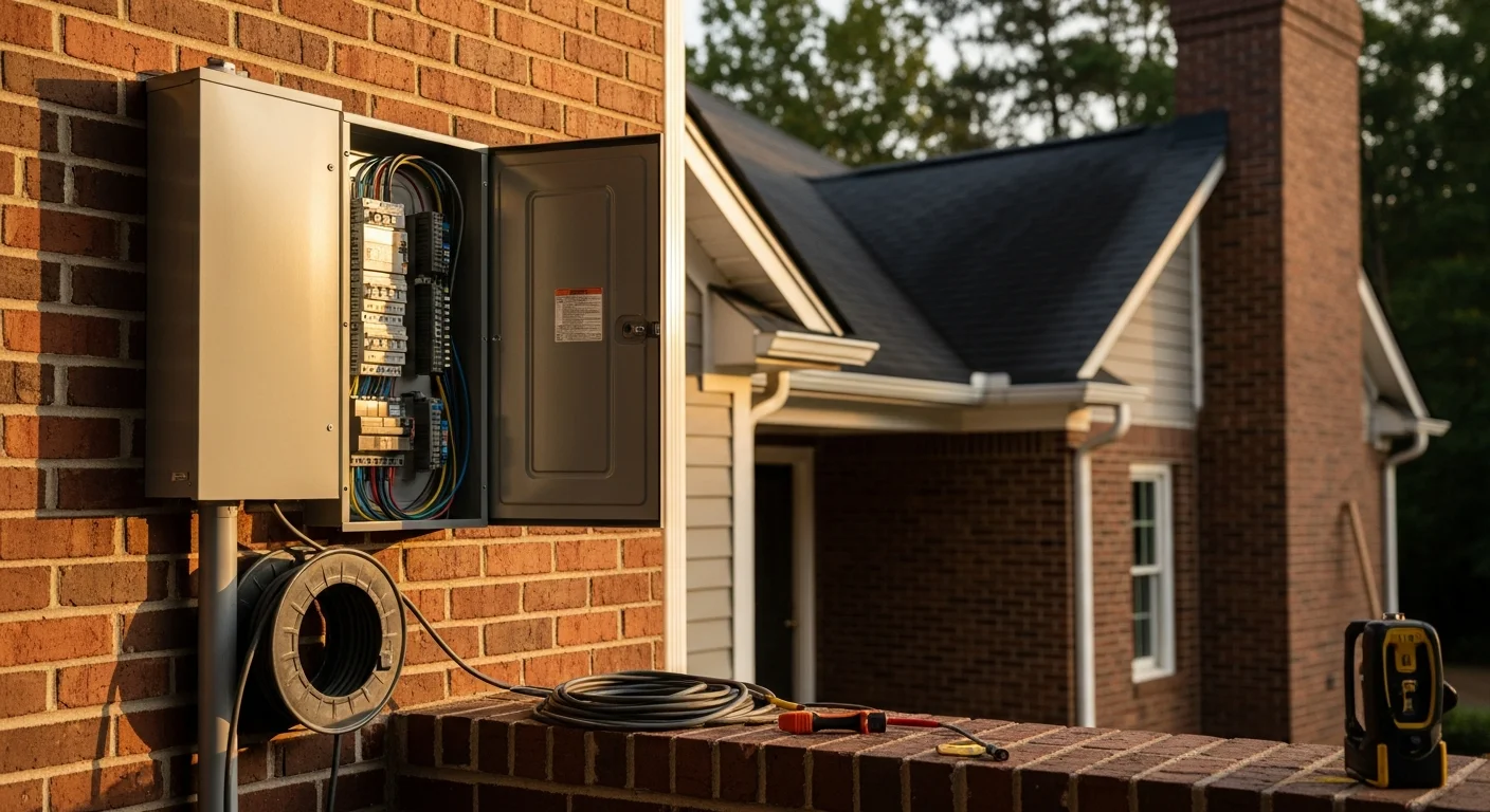Electrician installing wiring and electrical panel in residential home