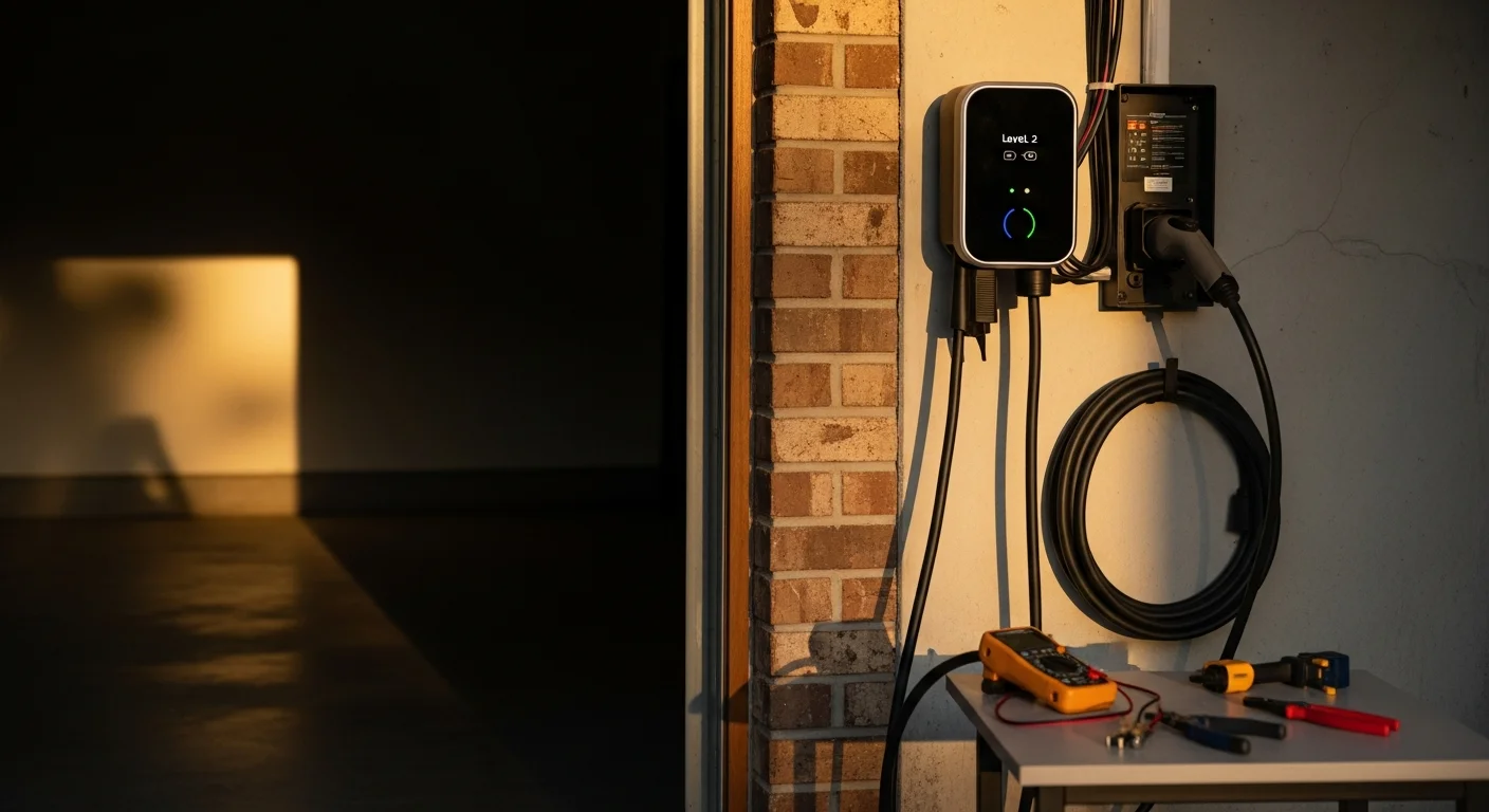 Electric vehicle charger mounted on residential garage wall
