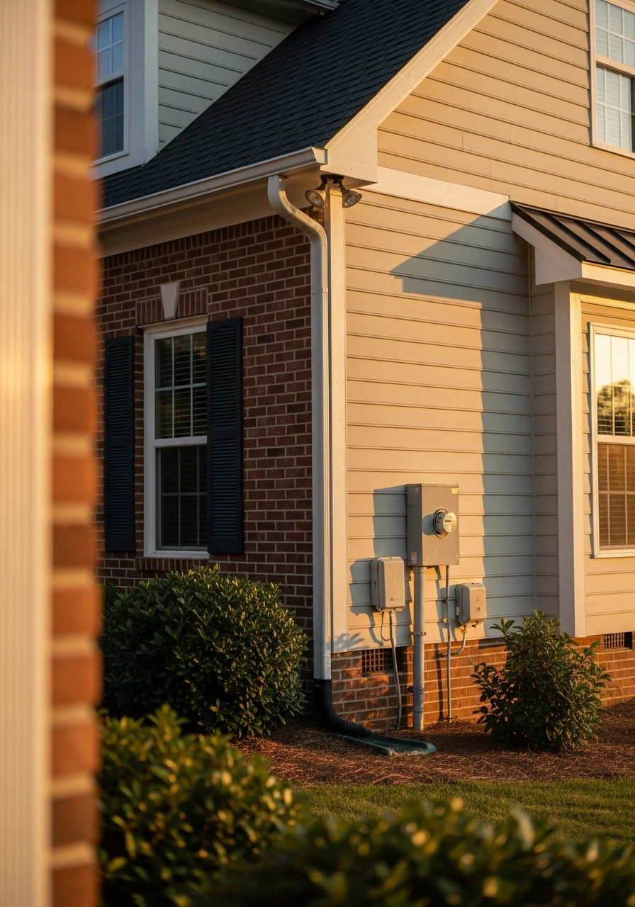 Close-up of a Chatham County home exterior showing construction details and landscaping.