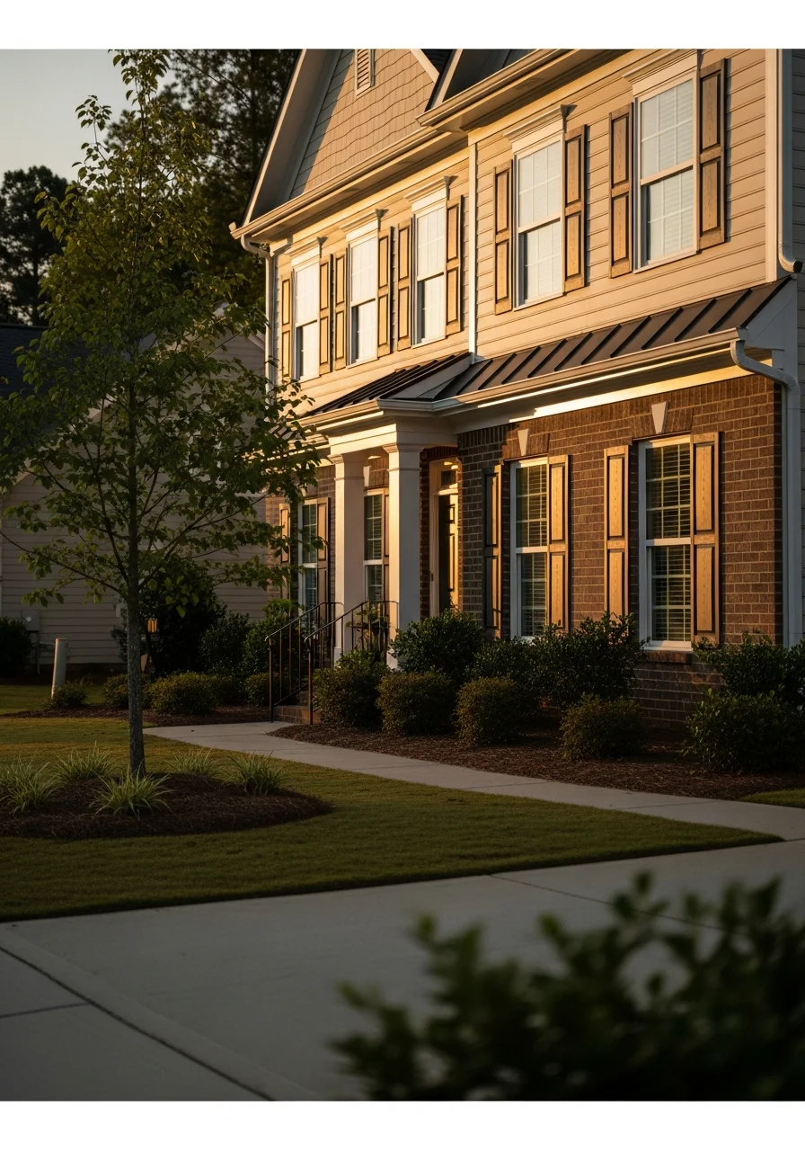 Close-up of a Fuquay Varina home's exterior showing siding, shutters, and landscaping detail.