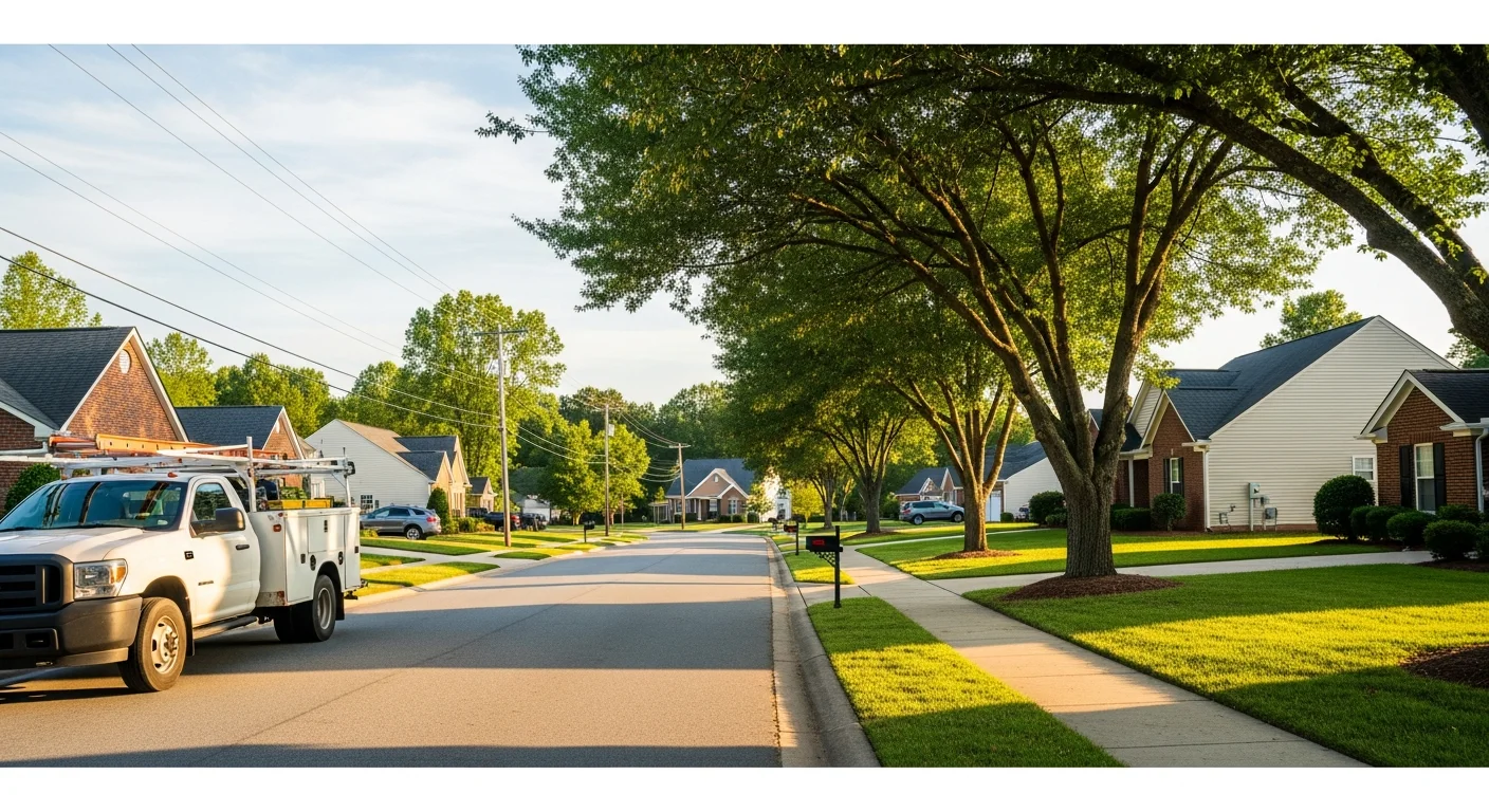 Residential street in Fuquay Varina with brick and vinyl-sided homes, mature trees, and well-maintained lawns.