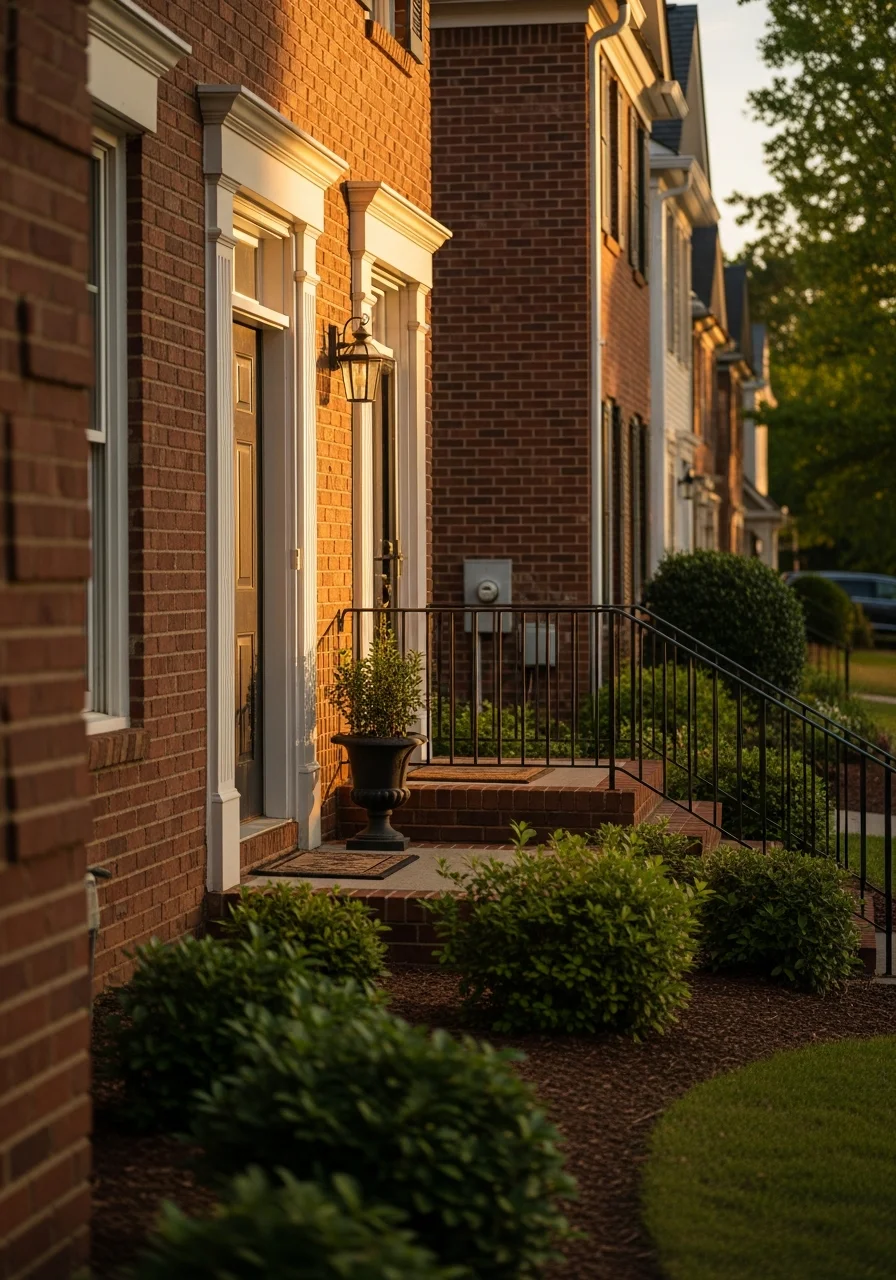 Detail view of a Raleigh home's entrance with landscaping and architectural features.