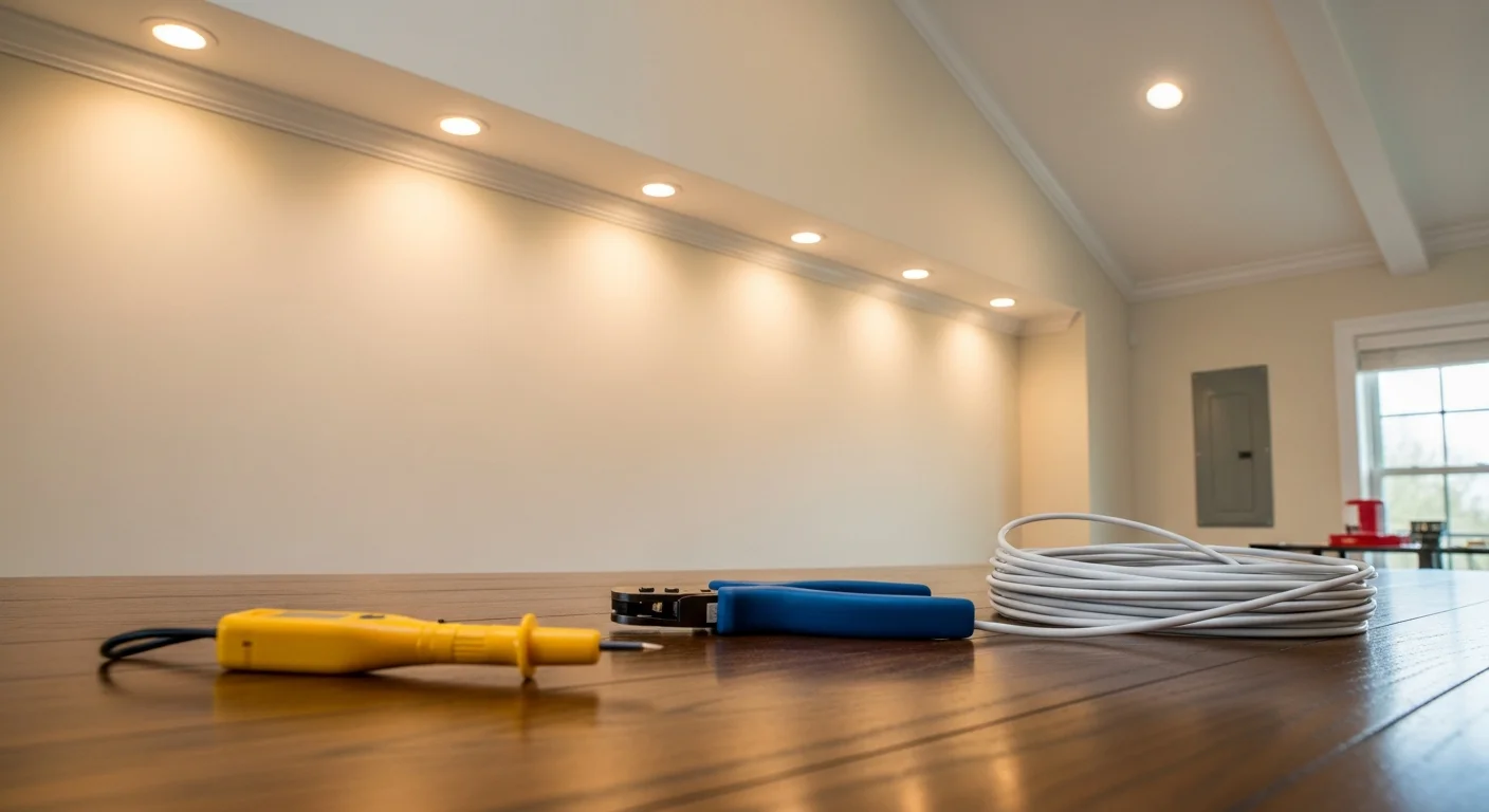 Interior of a Fuquay Varina single-family home with recessed accent lighting installed above a kitchen island and along a hallway wall. Warm-toned fixtures highlight the ceiling detail and cabinetry in a newly built home.