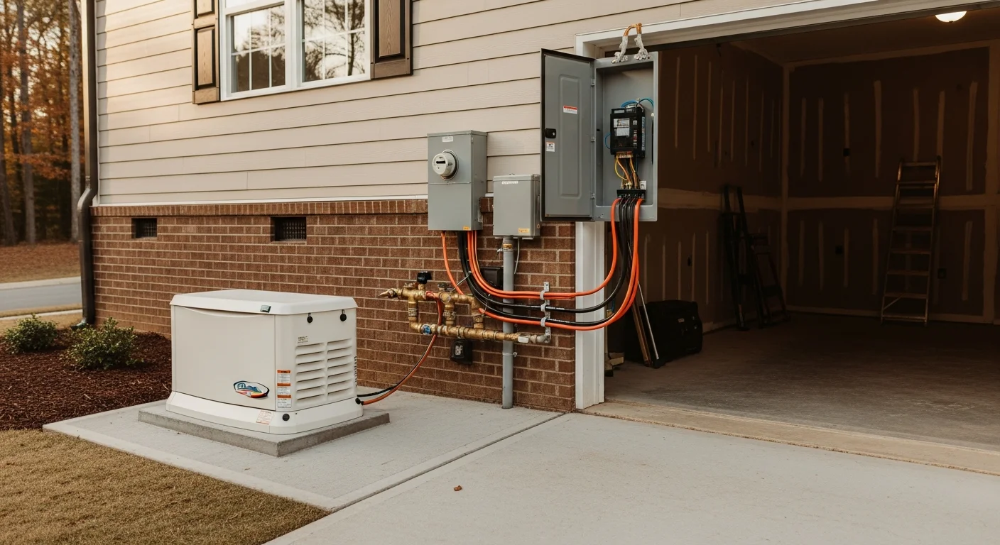 A standby backup power generator installed on a concrete pad beside a residential home in Fuquay-Varina, NC. A licensed electrician from Shalonda Electrical Services connects the transfer switch to the home's electrical panel.
