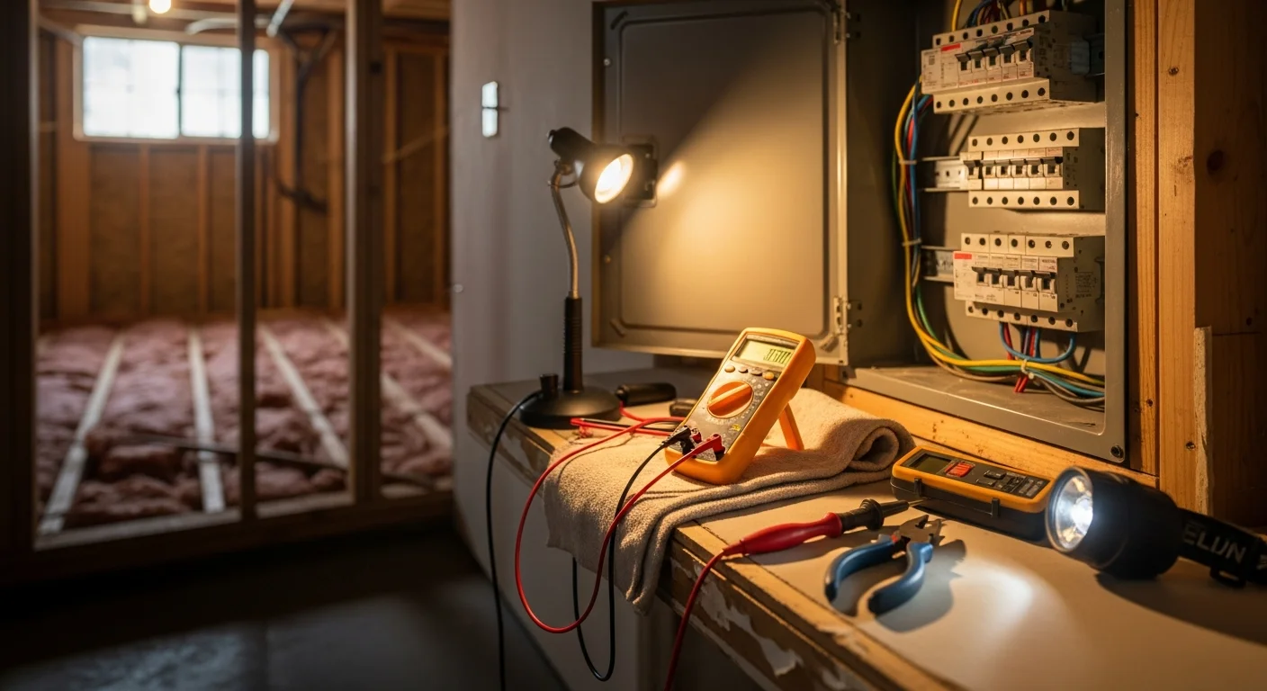 A licensed electrician from Shalonda Electrical Services testing a residential electrical panel during a diagnostic visit in Fuquay Varina, NC. The panel cover is open and the electrician holds a diagnostic meter against the breakers.