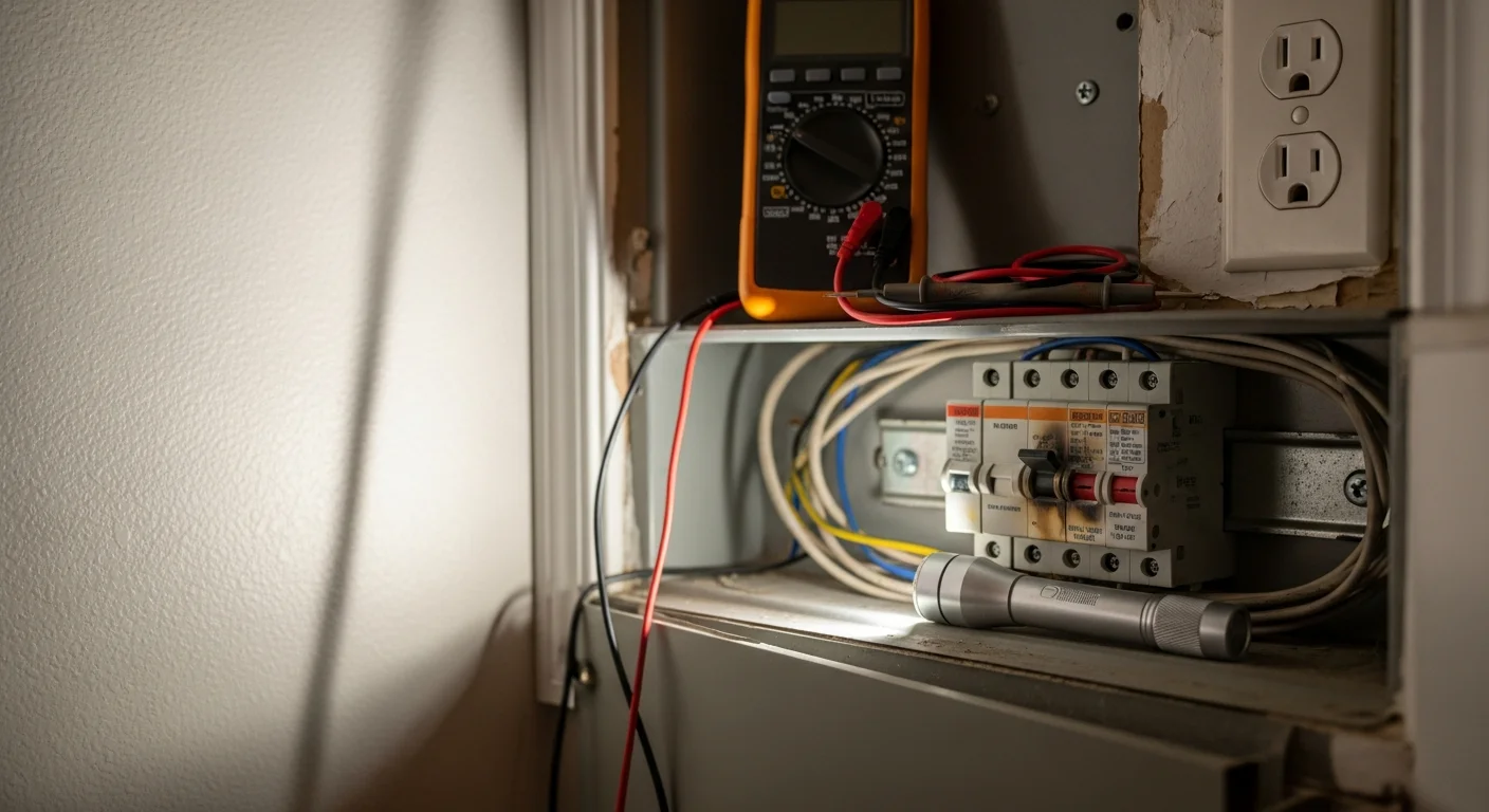 A licensed electrician from Shalonda Electrical Services inspecting an open breaker panel inside a Fuquay Varina, NC home during an emergency electrical repair visit. The panel shows visible wiring connections being assessed for faults or overloaded circuits.