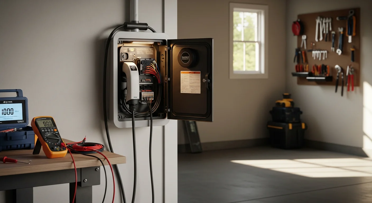 A licensed electrician inspecting the cable connections and housing of a residential Level 2 EV charger mounted in a garage in Fuquay Varina, NC. The technician holds a testing device near the outlet while a service checklist rests on a nearby workbench.