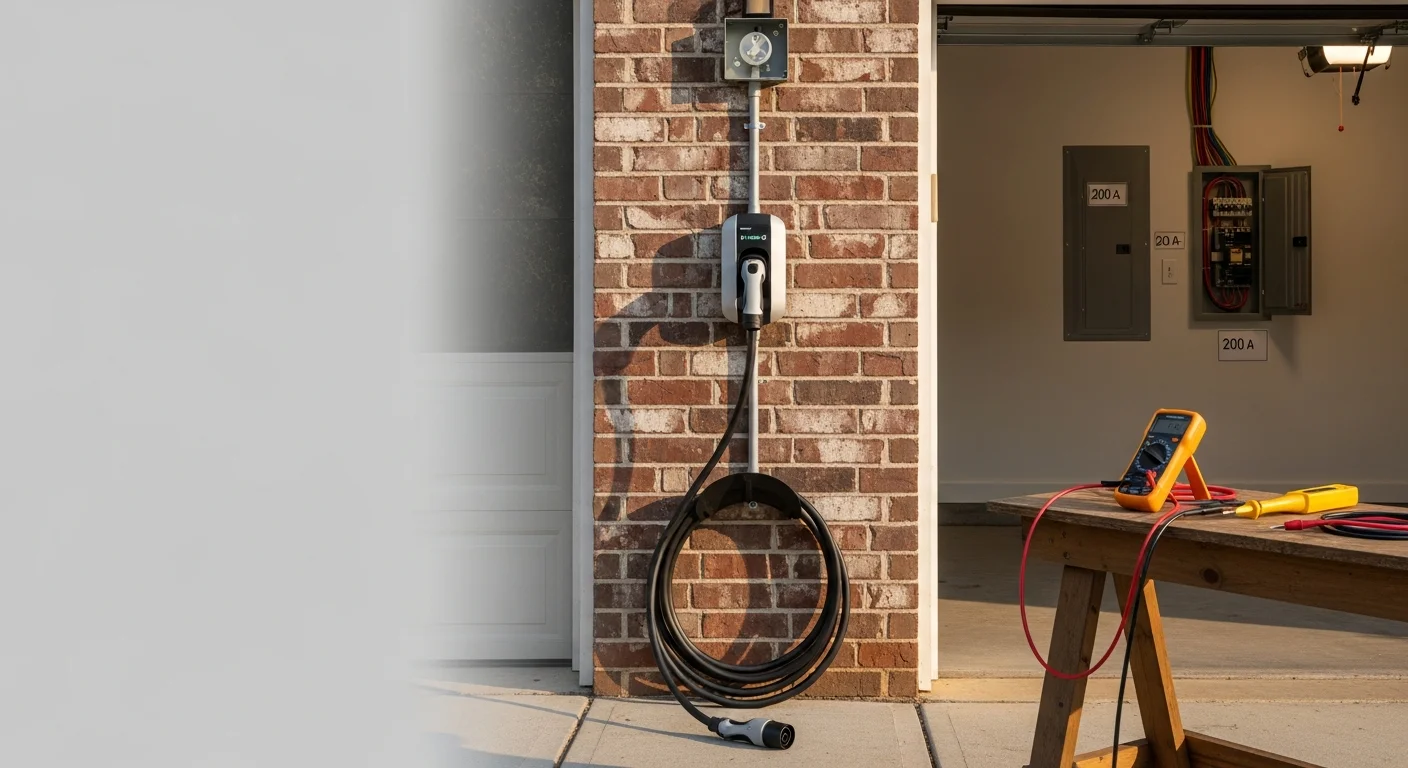 A Level 2 EV charger mounted on the interior wall of a residential garage in Fuquay-Varina, NC, with a dedicated circuit conduit running neatly to the electrical panel. An electric vehicle is plugged in and charging in the foreground.