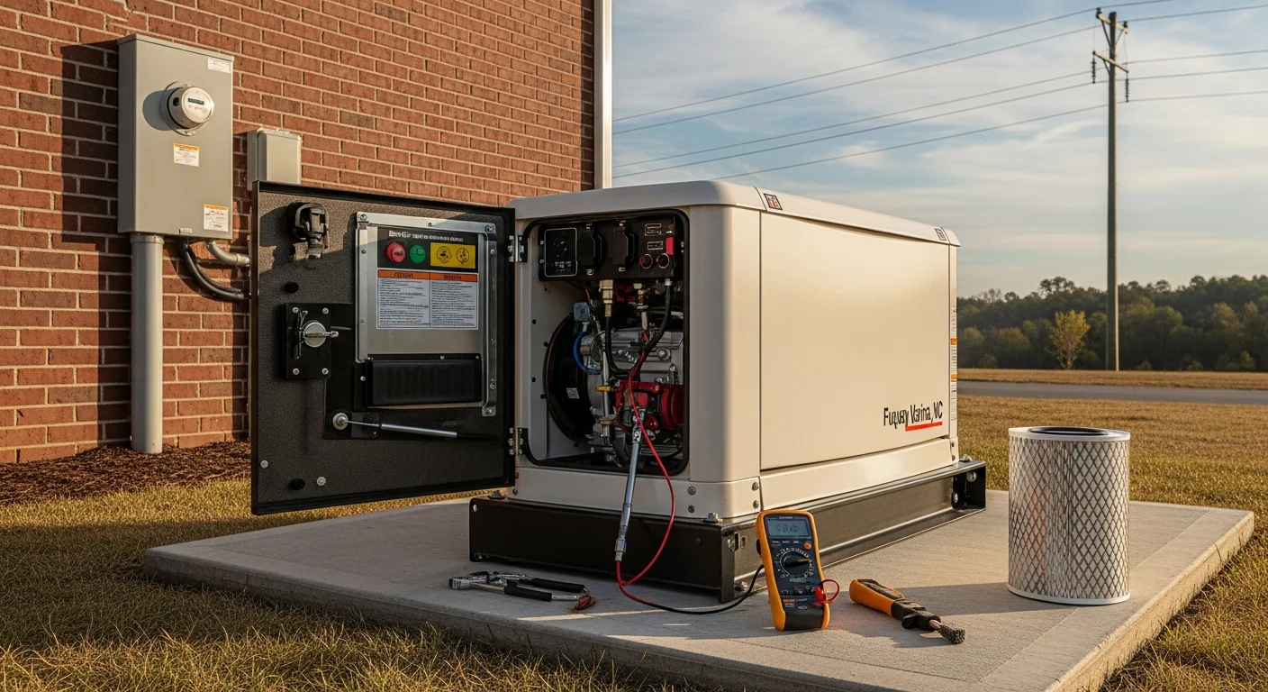 A licensed electrician from Shalonda Electrical Services inspecting a standby generator at a residential property in Fuquay Varina, NC. The technician checks the unit's fuel lines and control panel during a routine maintenance visit.