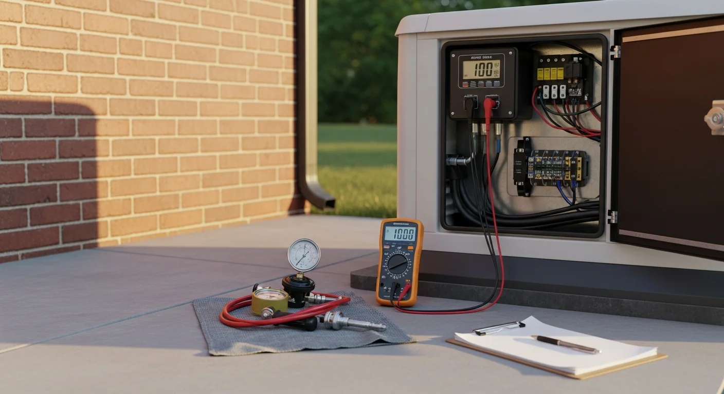 A licensed electrician from Shalonda Electrical Services inspecting the control panel of a standby generator at a residential property in Fuquay Varina, NC. The generator is mounted on a concrete pad beside the home with electrical conduit connections visible.