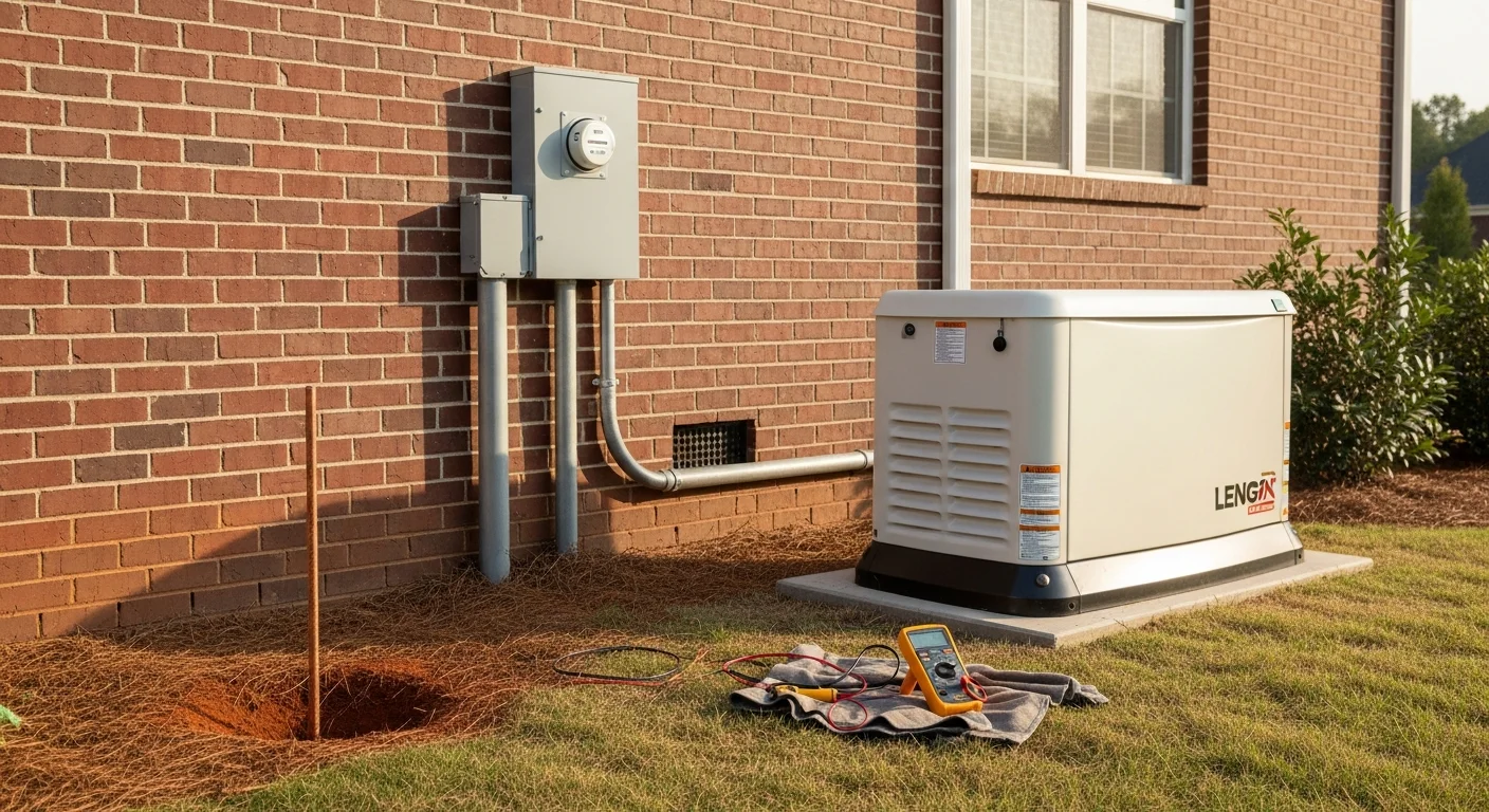 A licensed electrician from Shalonda Electrical Services connects a standby generator to a residential electrical panel at a home in Fuquay Varina, NC. The generator unit sits on a concrete pad beside the house with proper clearance from the exterior wall.