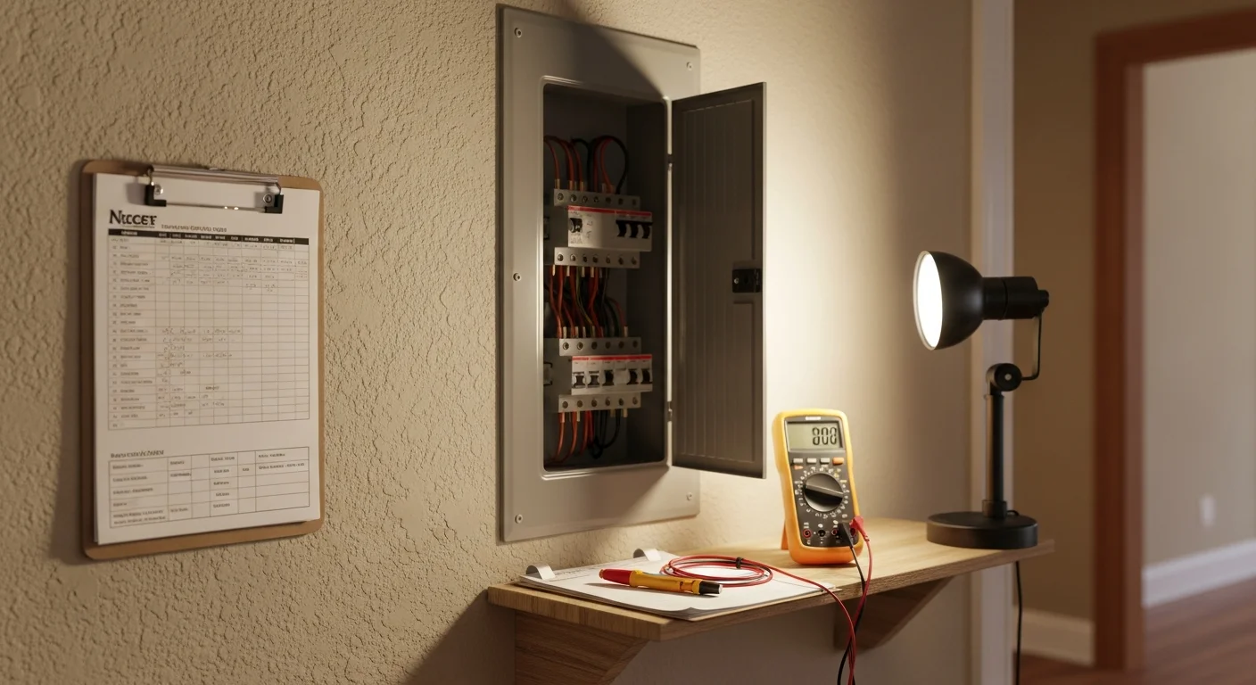 A licensed electrician from Shalonda Electrical Services inspecting a residential electrical panel inside a Fuquay Varina, NC home. The panel cover is open and the electrician is reviewing circuit breakers and wiring connections.
