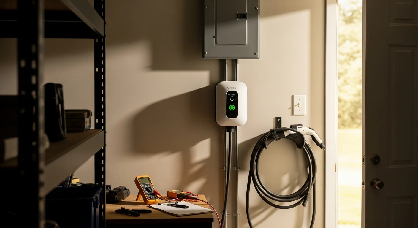 A Level 2 EV charging unit mounted on the interior wall of a residential garage in Fuquay Varina, NC, with a dedicated conduit run visible along the wall connecting to the electrical panel. An electric vehicle is plugged into the charger in the foreground.