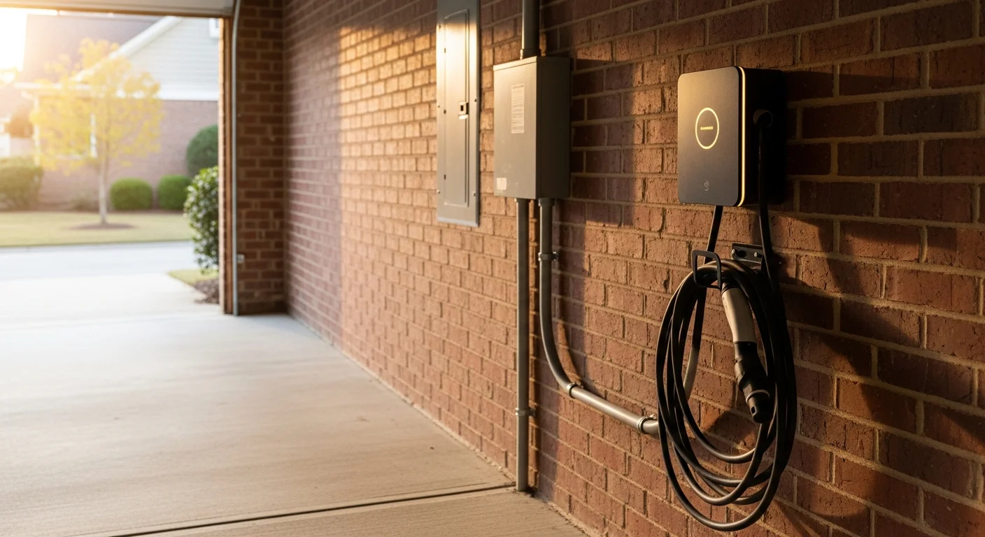 A Level 2 EV charger mounted on the interior wall of a residential garage in Fuquay-Varina, NC, with a dedicated 240V circuit and charging cable connected to an electric vehicle.