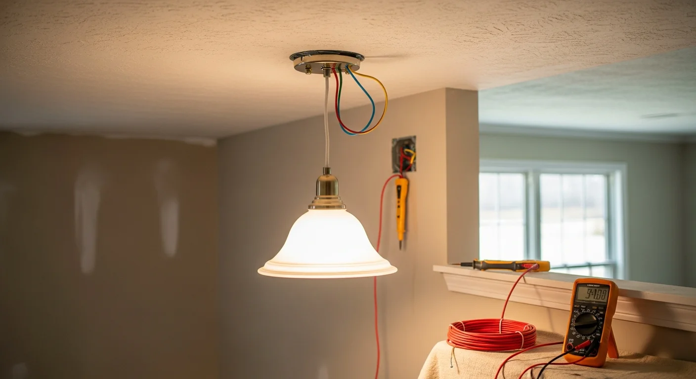 A licensed electrician from Shalonda Electrical Services installing a recessed light fixture in the ceiling of a Fuquay-Varina, NC home. The room shows clean drywall and a ladder positioned below the fixture opening during installation.