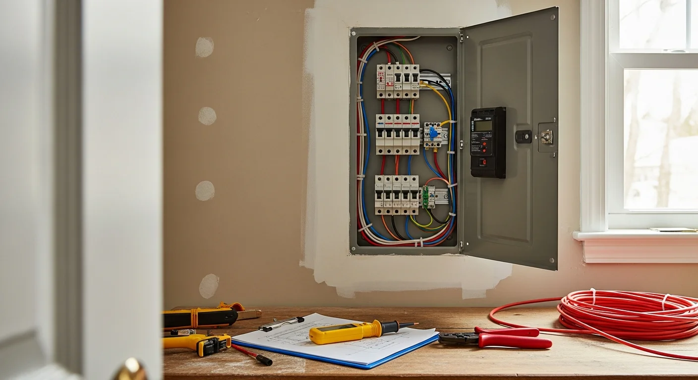 A licensed electrician from Shalonda Electrical Services installs a new residential electrical panel in a Fuquay Varina, NC home. The upgraded breaker box shows neatly organized circuits and modern code-compliant wiring.