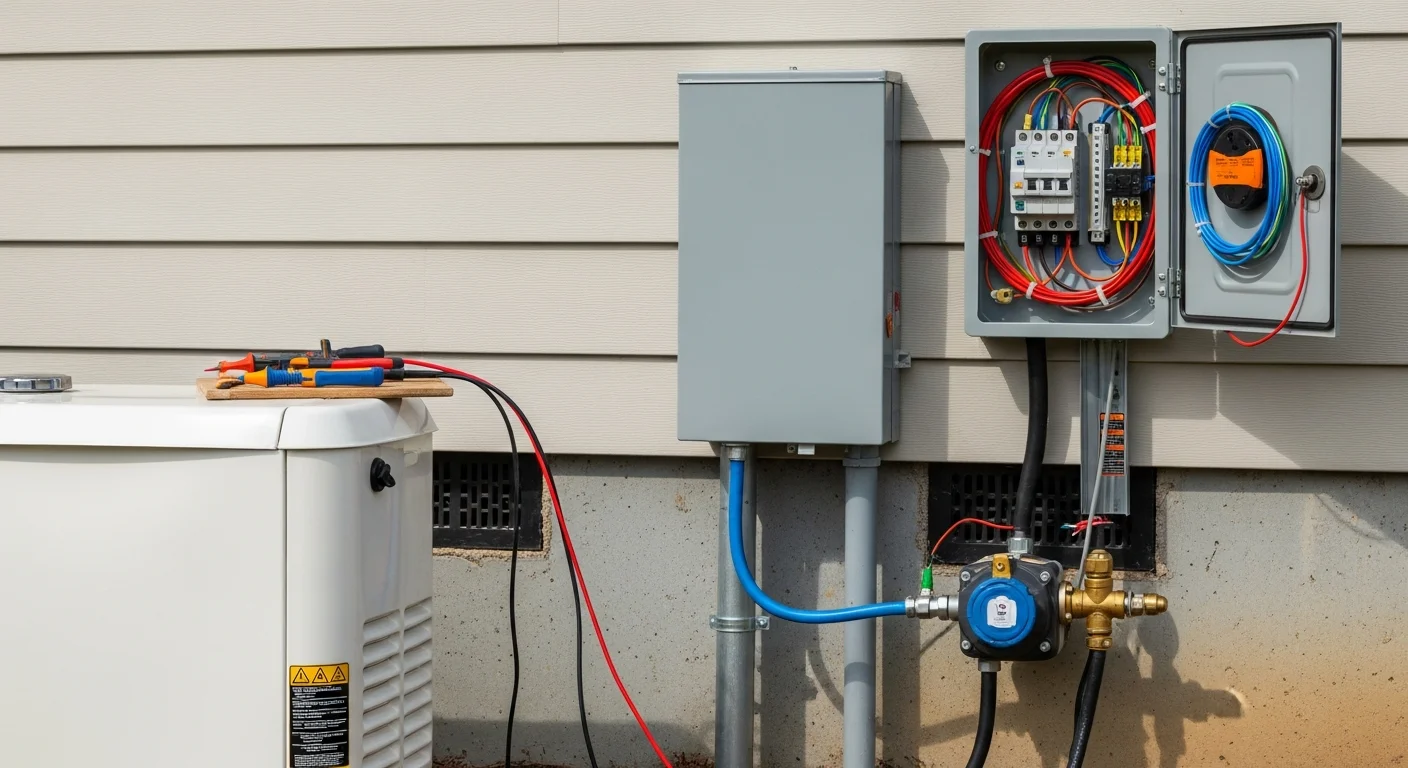 A portable generator connected to a residential inlet box mounted on the exterior wall of a Fuquay Varina, NC home. A transfer switch is visible inside the electrical panel, showing a code-compliant hookup ready for storm season.