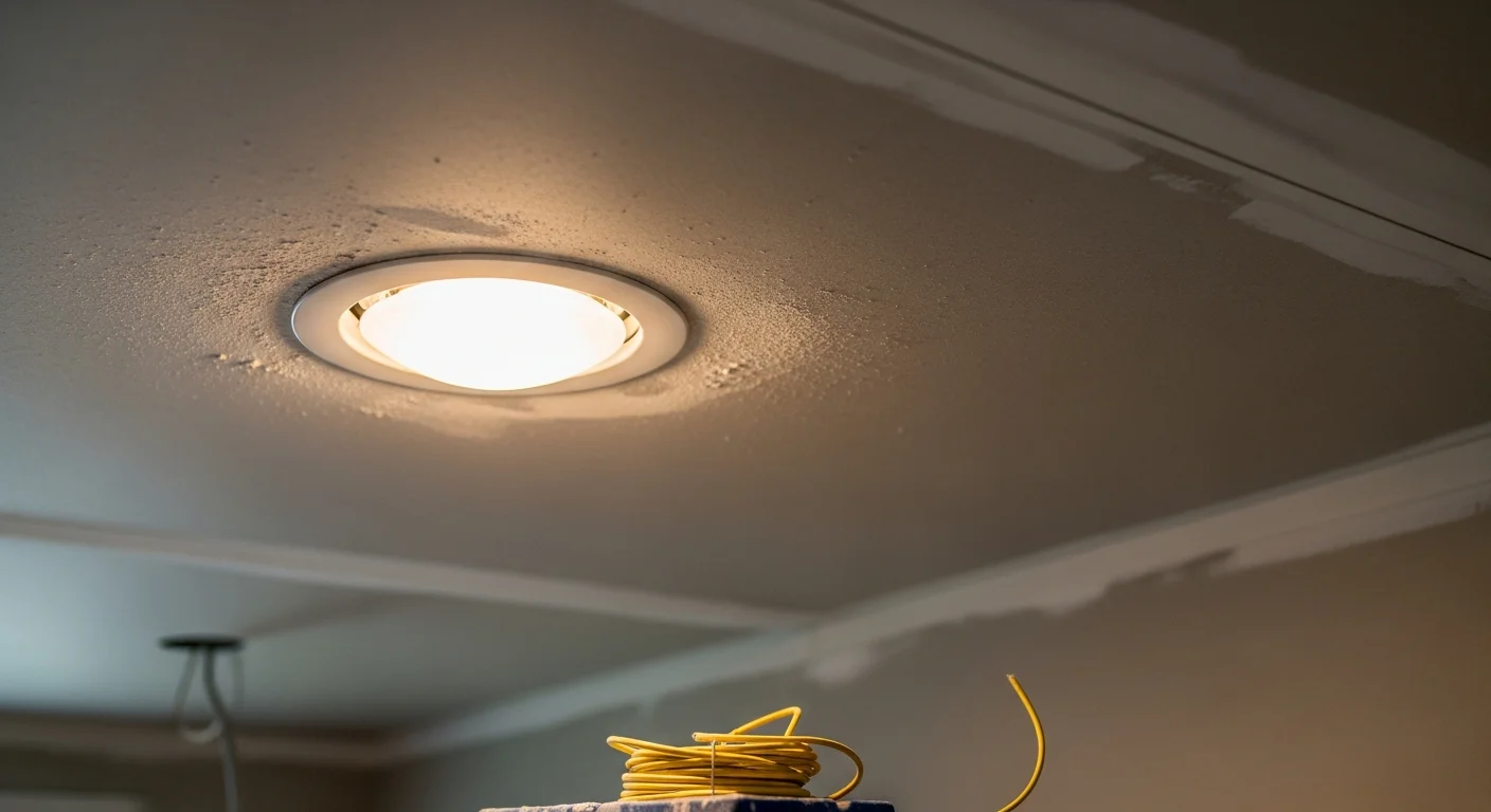 Recessed LED lights installed in a flush white ceiling inside a Fuquay Varina, NC home, casting even light across a kitchen and living area. The ceiling shows a clean, uncluttered finish with no visible fixture hardware.