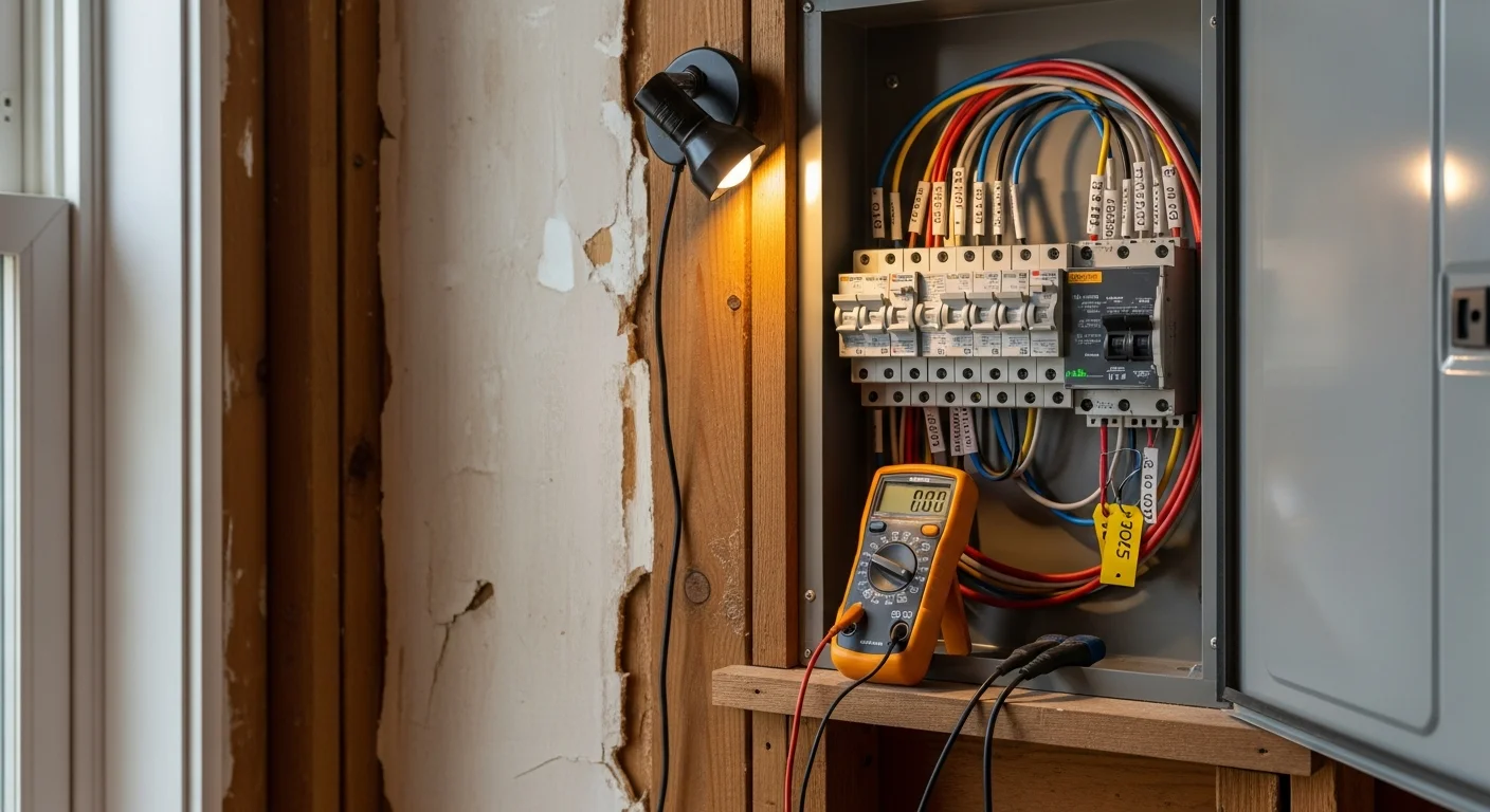 A licensed electrician from Shalonda Electrical Services inspecting a residential electrical panel inside a Fuquay Varina, NC home. The panel cover is open, showing circuit breakers being evaluated for capacity and safety.