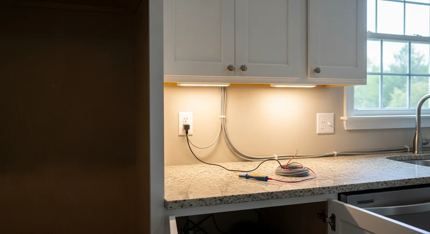 Hardwired under-cabinet lighting installed along the base of upper kitchen cabinets in a Fuquay-Varina, NC home, casting even light across a granite countertop prep area. Fixtures are flush-mounted with no visible cords or hardware.